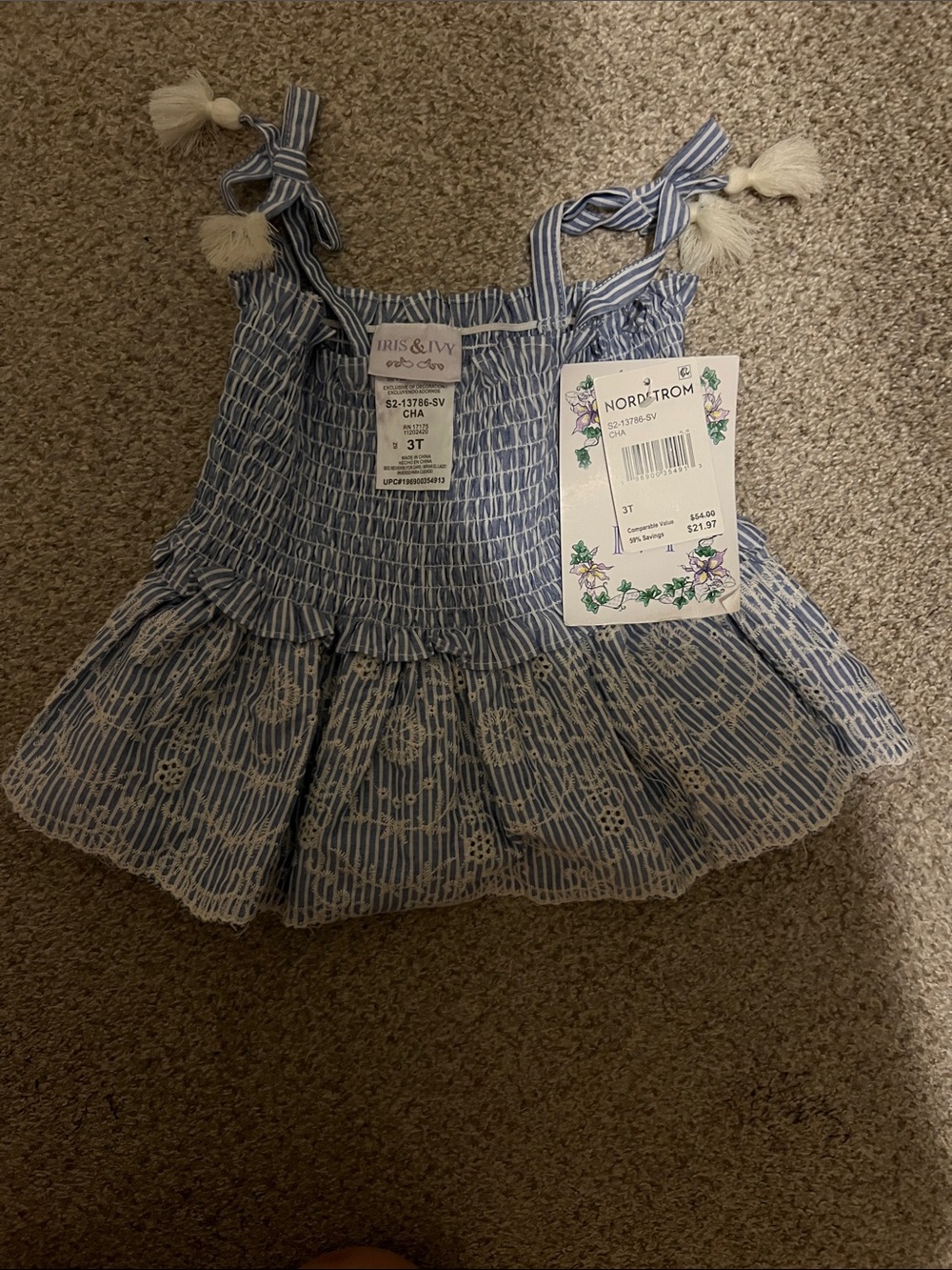 iris & ivy Blue and White Striped Embroidered Tank Top with Tassel Ties